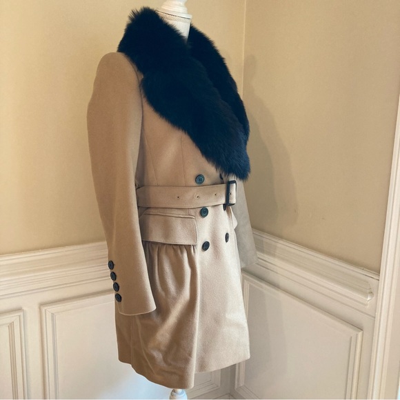 BURBERRY Camel Virgin Wool Cashmere Double Breasted Pea Coat Fox Fur Collar - Picture 11 of 11